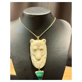 Sterling Silver Necklace with Carved Bear Figurine and Malachite Pendant Sterling Silver Necklace with Carved Bear Figurine and Malachite Pendant