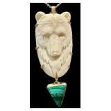 Sterling Silver Necklace with Carved Bear Figurine and Malachite Pendant Sterling Silver Necklace with Carved Bear Figurine and Malachite Pendant