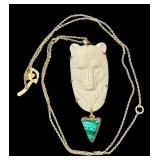 Sterling Silver Necklace with Carved Bear Figurine and Malachite Pendant Sterling Silver Necklace with Carved Bear Figurine and Malachite Pendant