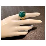 Vintage Size 8 Sterling Silver, 18k Gold, and Bronze Ring with Green Chalcedony Stone Vintage Size 8 Sterling Silver, 18k Gold, and Bronze Ring with Green Chalcedony Stone