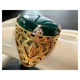 Vintage Size 8 Sterling Silver, 18k Gold, and Bronze Ring with Green Chalcedony Stone Vintage Size 8 Sterling Silver, 18k Gold, and Bronze Ring with Green Chalcedony Stone