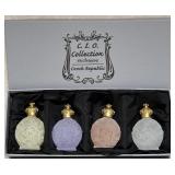 C.I.O. Collection Czech Republic Art Glass Perfume Bottles with Ornate Gold Stoppers - Box of Four C.I.O. Collection Czech Republic Art Glass Perfume Bottles with Ornate Gold Stoppers - Box of Four