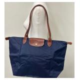 Longchamp Le Pliage Large Navy Nylon Tote Bag with Brown Leather Trim Longchamp Le Pliage Large Navy Nylon Tote Bag with Brown Leather Trim