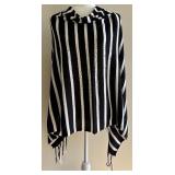 Caroline Grace Black and White Striped Poncho with Fringes Caroline Grace Black and White Striped Poncho with Fringes