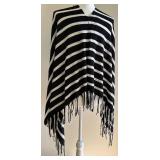 Caroline Grace Black and White Striped Poncho with Fringes Caroline Grace Black and White Striped Poncho with Fringes
