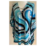 Funky Michael Kors XL Blue Black Swirl Print Poncho Blouse with Lace-Up Neck Funky Michael Kors XL Blue Black Swirl Print Poncho Blouse with Lace-Up Neck