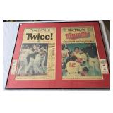 1991 World Series Framed Piece with Game 1 and Game 2 Tickets and Star Tribune / Pioneer Press Newspapers - Minnesota Twins