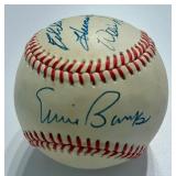 Ernie Banks, Harmon Killebrew, Eddie Matthres, Willie McCovey Signed Baseball Rawlings OALB Brown Ball With Case