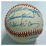 Ernie Banks, Harmon Killebrew, Eddie Matthres, Willie McCovey Signed Baseball Rawlings OALB Brown Ball With Case