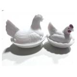 Two Milk Glass Hen on Nest 3" and 4"