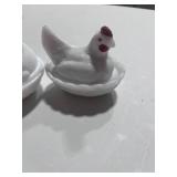 Two Milk Glass Hen on Nest 3" and 4"