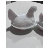 Two Milk Glass Hen on Nest 3" and 4"