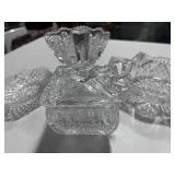 Four Cut Glass Pieces; Candy Dish, Sugar Bowl, Trinket Tray, Compote