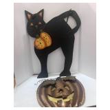 Wooden Halloween Cat and Metal Pumpkin