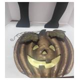 Wooden Halloween Cat and Metal Pumpkin