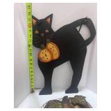 Wooden Halloween Cat and Metal Pumpkin