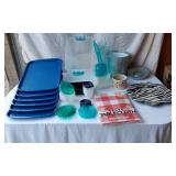 Lot of Household Items including Vinyl Tablecloth, Storage Containers, and Metal Ice Bucket