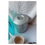 Lot of Household Items including Vinyl Tablecloth, Storage Containers, and Metal Ice Bucket
