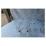 Glassware Collection including Etched Mugs, Champagne Flutes, and Crystal Vases