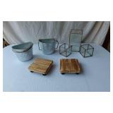 Galvanized Metal Planter Buckets, Wooden Stands and Glass Containers