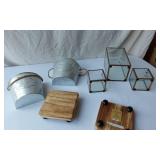 Galvanized Metal Planter Buckets, Wooden Stands and Glass Containers