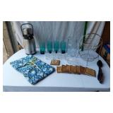 Coleman Beverage Dispenser, Glassware, Wood Coasters and Kitchen Items