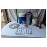 Igloo Beverage Cooler and Oster Blender with Kitchen Accessories including Lid, Rack, and Shakers