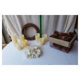 Battery Candles, Pinecones, and Decorative Wreath with Basket
