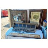 Decorative Home Decor Lot including Ornate Mirror, Framed Art, and Wood Signs