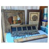 Decorative Home Decor Lot including Ornate Mirror, Framed Art, and Wood Signs