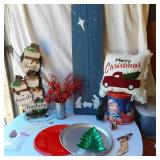 Christmas Decorations and Accessories - a Santa-themed tin, a decorative wood sign with a Nativity scene, and a "Faith Family Farming" snowman decoration
