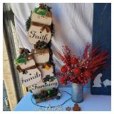 Christmas Decorations and Accessories - a Santa-themed tin, a decorative wood sign with a Nativity scene, and a "Faith Family Farming" snowman decoration