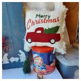 Christmas Decorations and Accessories - a Santa-themed tin, a decorative wood sign with a Nativity scene, and a "Faith Family Farming" snowman decoration