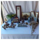 Decorative Home Items including Framed Art, Metal Jug, and Wooden Words
