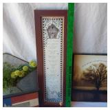 Decorative Home Items including Framed Art, Metal Jug, and Wooden Words