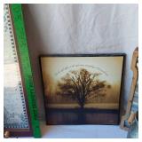 Decorative Home Items including Framed Art, Metal Jug, and Wooden Words