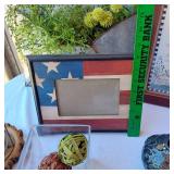 Decorative Home Items including Framed Art, Metal Jug, and Wooden Words