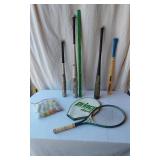 Mixed Sports Equipment Lot including Easton Hammer Bat, MacGregor Bat, Franklin Teeball Bat, Prince Tennis Racket, and Assorted Golf Balls