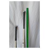 Mixed Sports Equipment Lot including Easton Hammer Bat, MacGregor Bat, Franklin Teeball Bat, Prince Tennis Racket, and Assorted Golf Balls