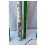 Mixed Sports Equipment Lot including Easton Hammer Bat, MacGregor Bat, Franklin Teeball Bat, Prince Tennis Racket, and Assorted Golf Balls