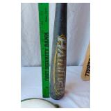 Mixed Sports Equipment Lot including Easton Hammer Bat, MacGregor Bat, Franklin Teeball Bat, Prince Tennis Racket, and Assorted Golf Balls