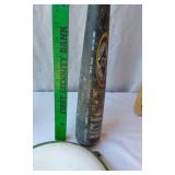 Mixed Sports Equipment Lot including Easton Hammer Bat, MacGregor Bat, Franklin Teeball Bat, Prince Tennis Racket, and Assorted Golf Balls