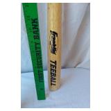 Mixed Sports Equipment Lot including Easton Hammer Bat, MacGregor Bat, Franklin Teeball Bat, Prince Tennis Racket, and Assorted Golf Balls