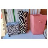 Zebra Print Storage Ottoman, Zebra Print Pillow and Pink Hamper
