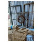 Lot of Vintage Window Frames with Wreath and Burlap