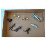 Vintage fishing lures including Kautzky Lazy Ike, Rapala Minnow, and others