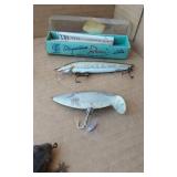 Vintage fishing lures including Kautzky Lazy Ike, Rapala Minnow, and others