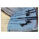 Fishing rod and reels including Zebco 33, Mitchell 300, and others