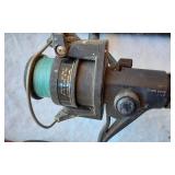 Fishing rod and reels including Zebco 33, Mitchell 300, and others