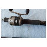 Fishing rod and reels including Zebco 33, Mitchell 300, and others